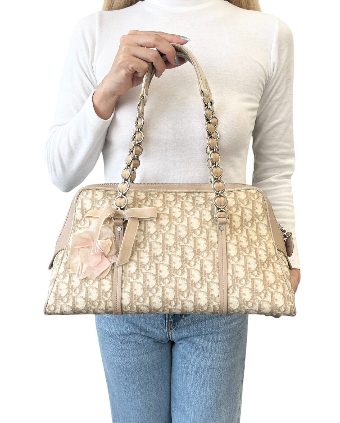 Christian Dior Vintage 2005 Romantique Trotter Monogram Shoulder Bag Cream
