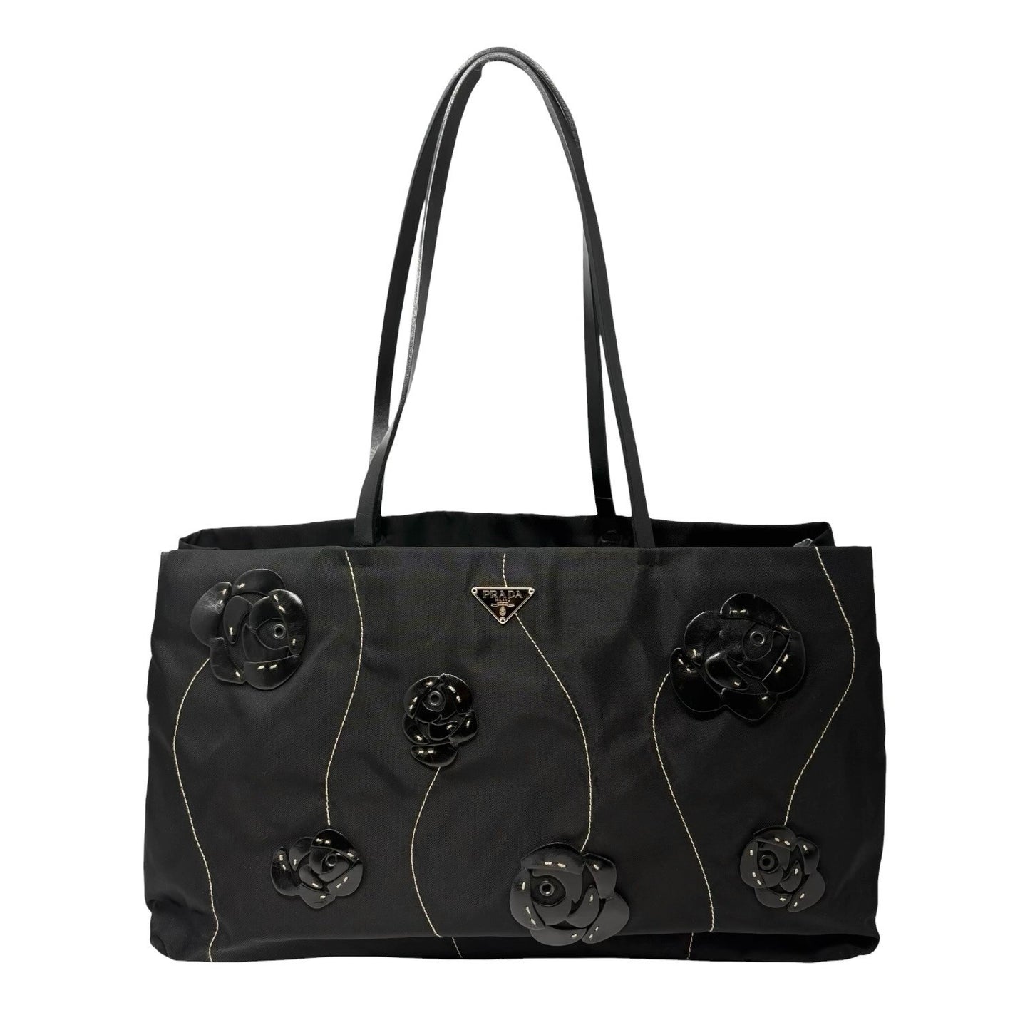 PRADA Vintage Logo Tessuto Nylon Fiori Shoulder Bag Black Gold Rose Leather