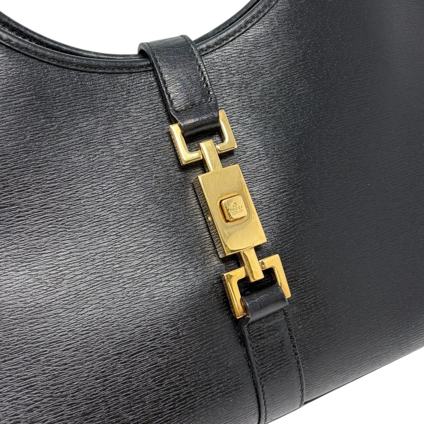 GUCCI Vintage Jackie Logo Shoulder Hobo Bag Handbag Black Gold Leather 902098