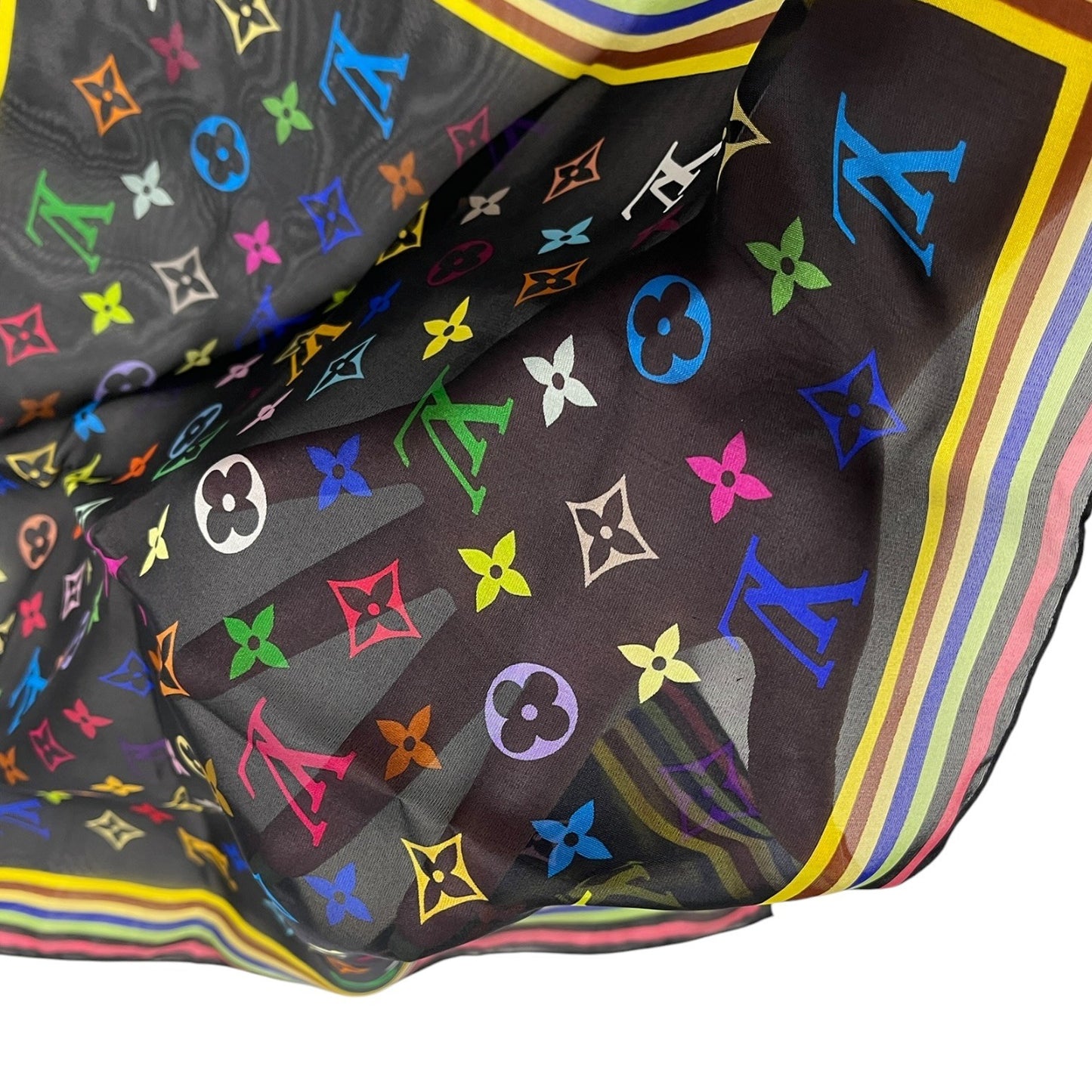 LOUIS VUITTON Vintage LV Logo Monogram Multicolor Scarf Wrap Black Silk 902226