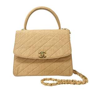 CHANEL Vintage Turn Lock CC Logo Top Handle Bag Brown Gold Linen Rank AB+