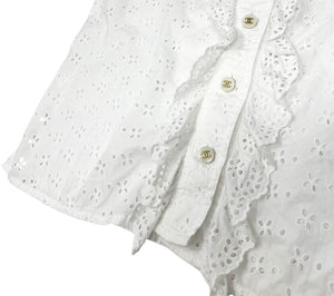 CHANEL Vintage CC Punching Shirt Top Frill Button Up Blouse White Cotton RankAB