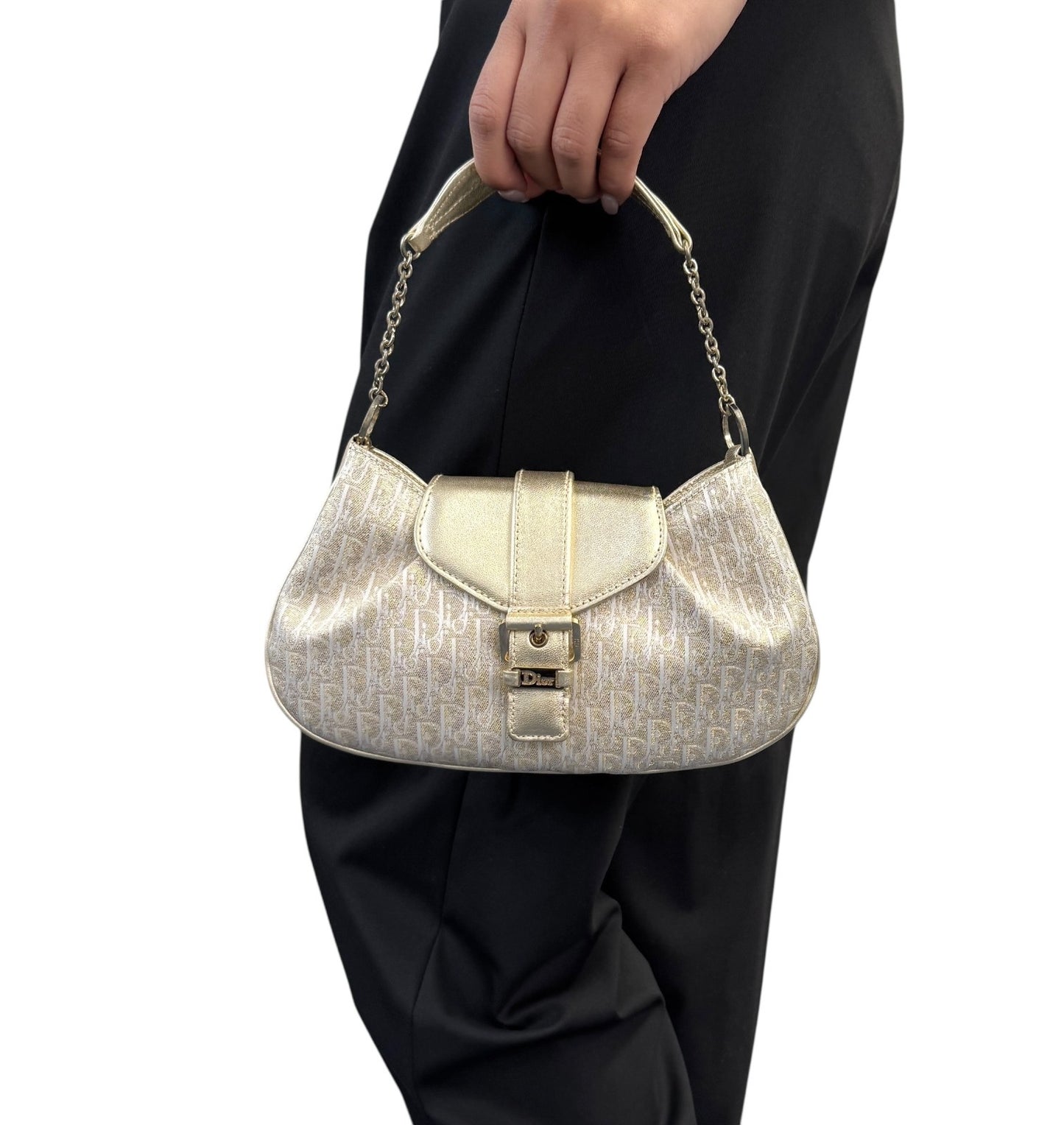 Christian Dior Vintage 2002 Trotter Monogram Chain Mini Bag Pochette White Gold