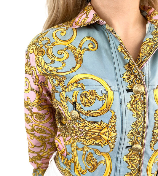 GIANNI VERSACE Vintage 1992 Medusa Baroque Denim Jacket Pink Blue Gold Rank AB