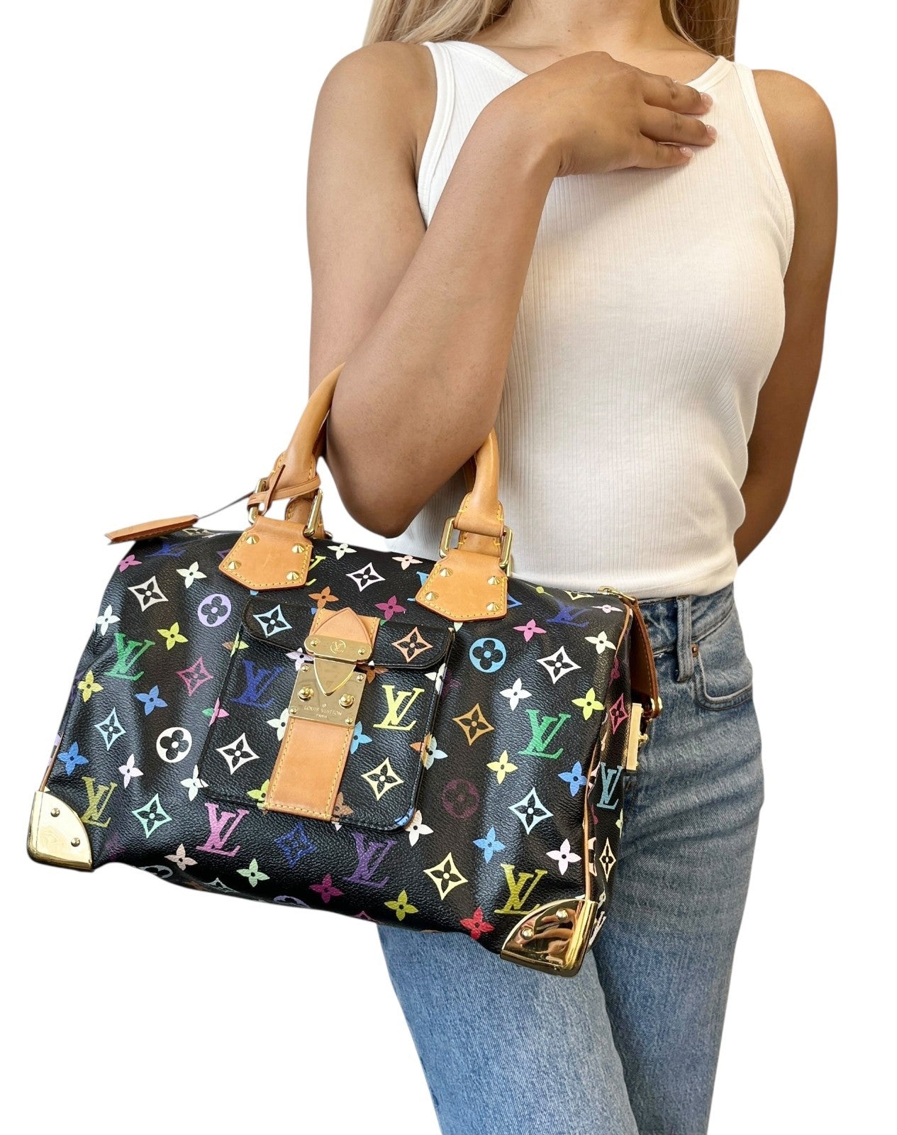 LOUIS VUITTON Vintage Monogram Multicolor Speedy 30 Handbag Black Camel Leather
