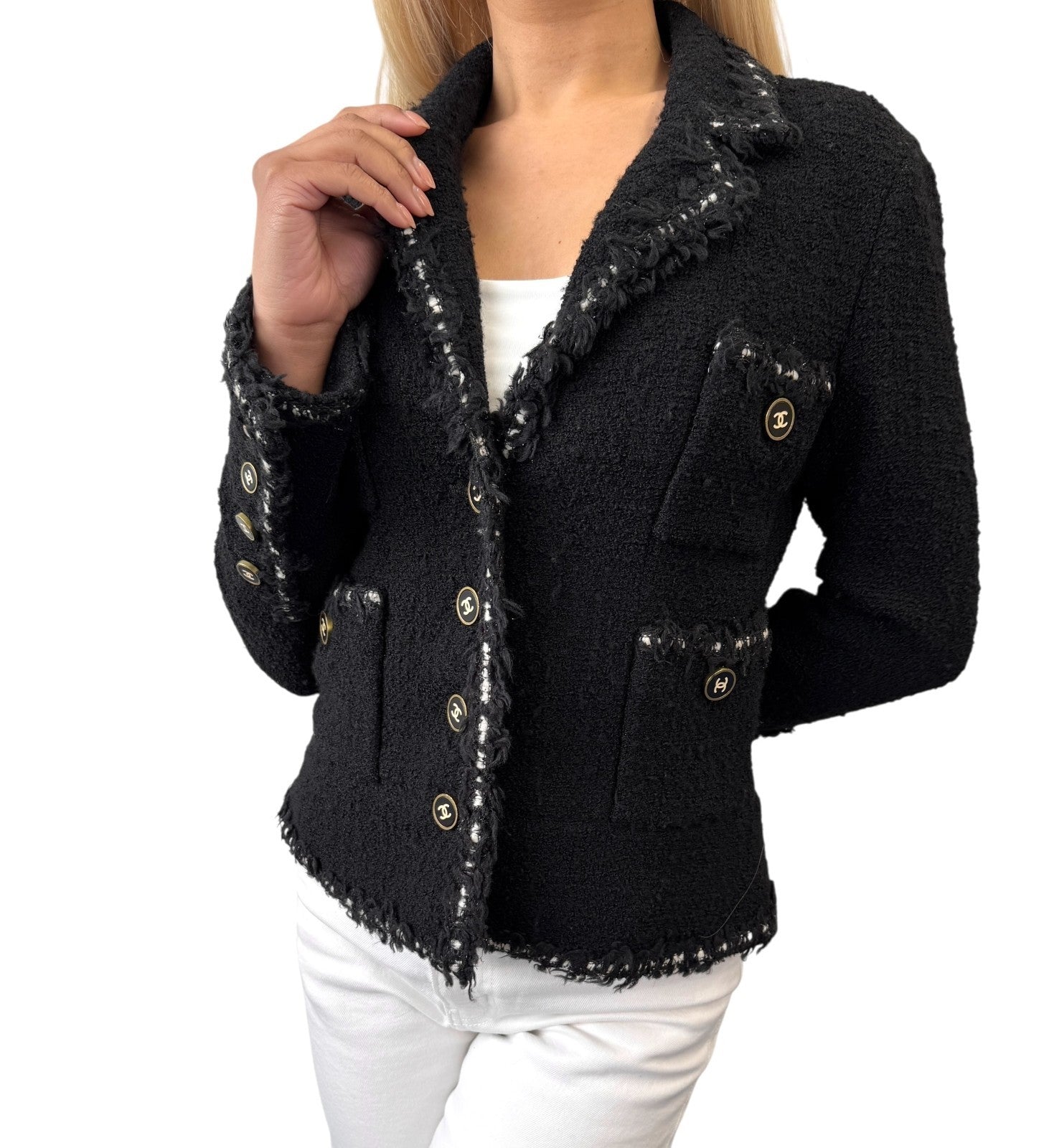 CHANEL Vintage 94A CC Logo Tweed Jacket Blazer Black White Wool Button