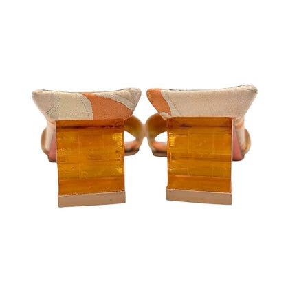 FENDI Vintage FF Logo Psychedelic Print Silk Sandals Heels #36.5 Orange 902028