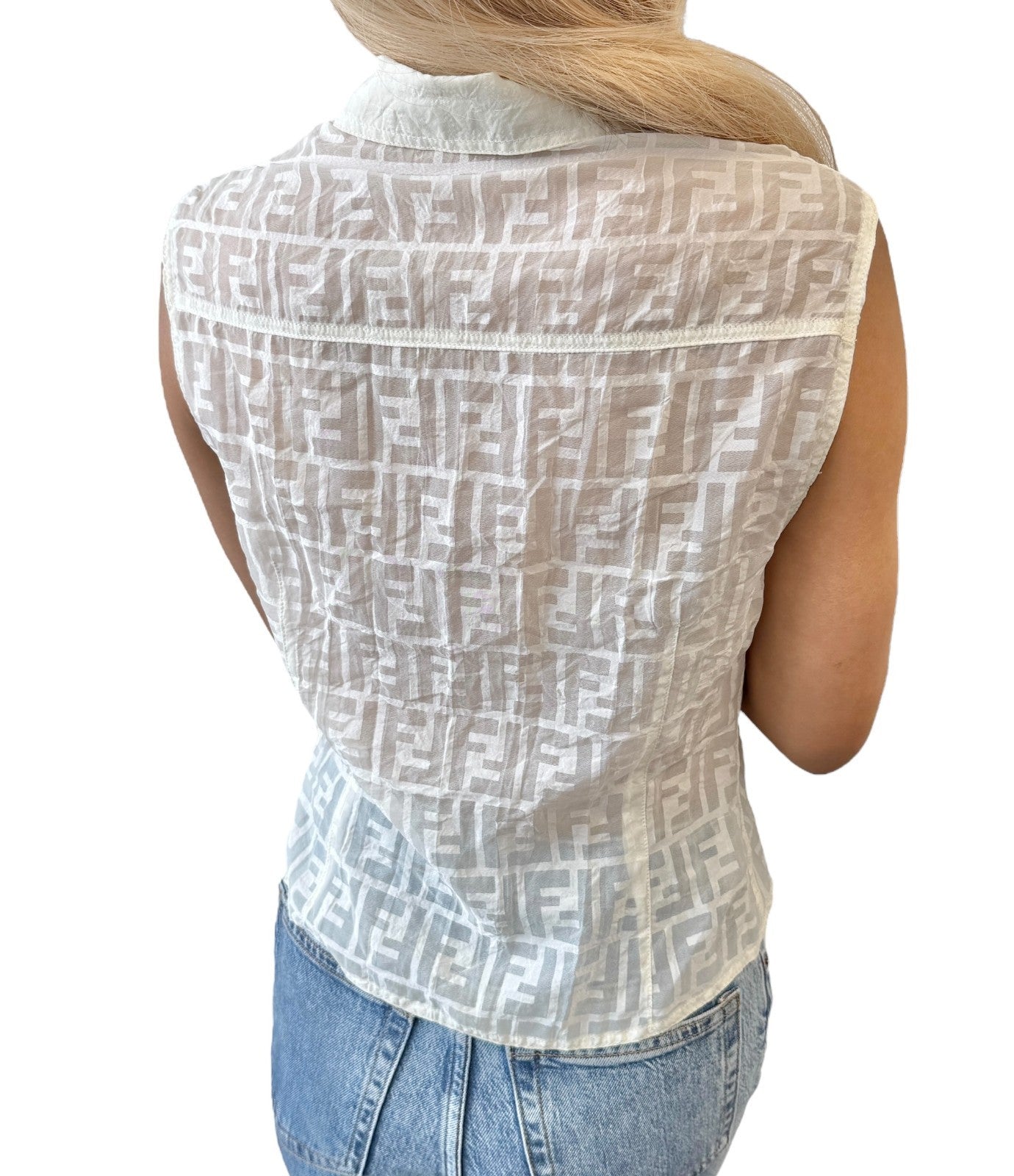 FENDI Vintage Zucca Monogram Logo See-thruogh Shirt #40 Cream Rayon Sleeveless