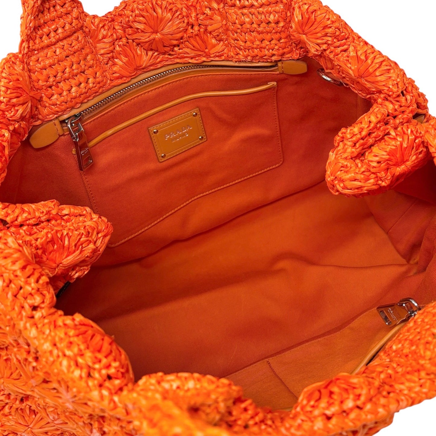 PRADA Vintage Triangle Logo Raffia Tote Bag Crossbody 2way Orange Snap Button