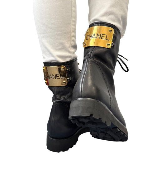 CHANEL Vintage CC Logo Lace-up Ankle Boots #36.5 Short Boots Black Gold Leather