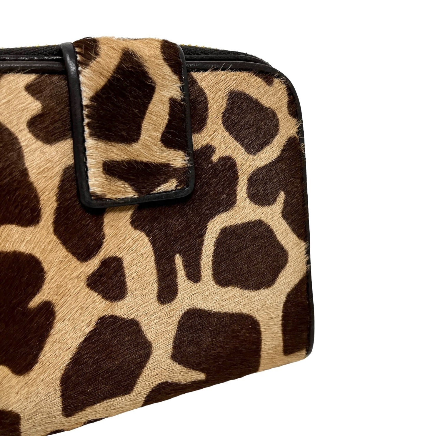 PRADA Vintage Logo Animal Print Wallet Calf Hair Zip Snap Brown Gold RankAB