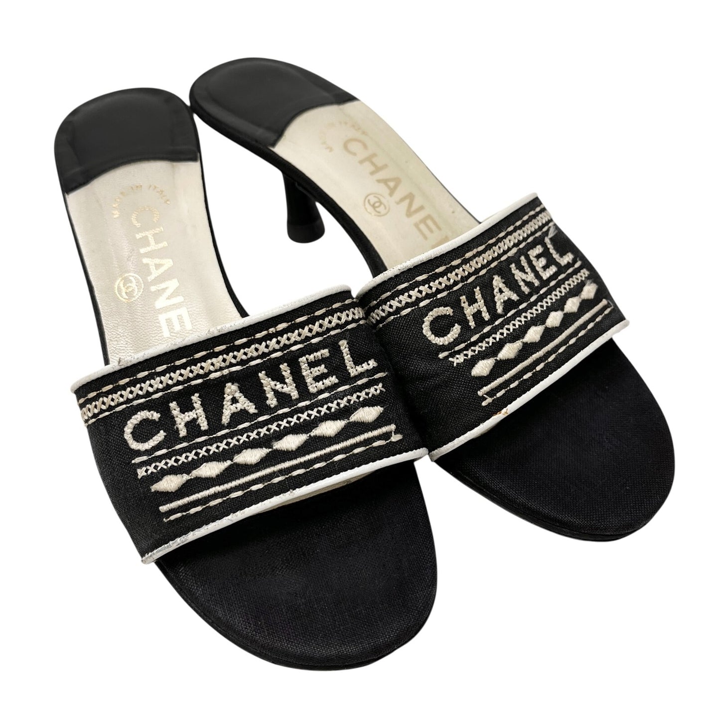 CHANEL Vintage CC Mark Logo Sandals Heels #36 Stitch Black White Cotton Leather