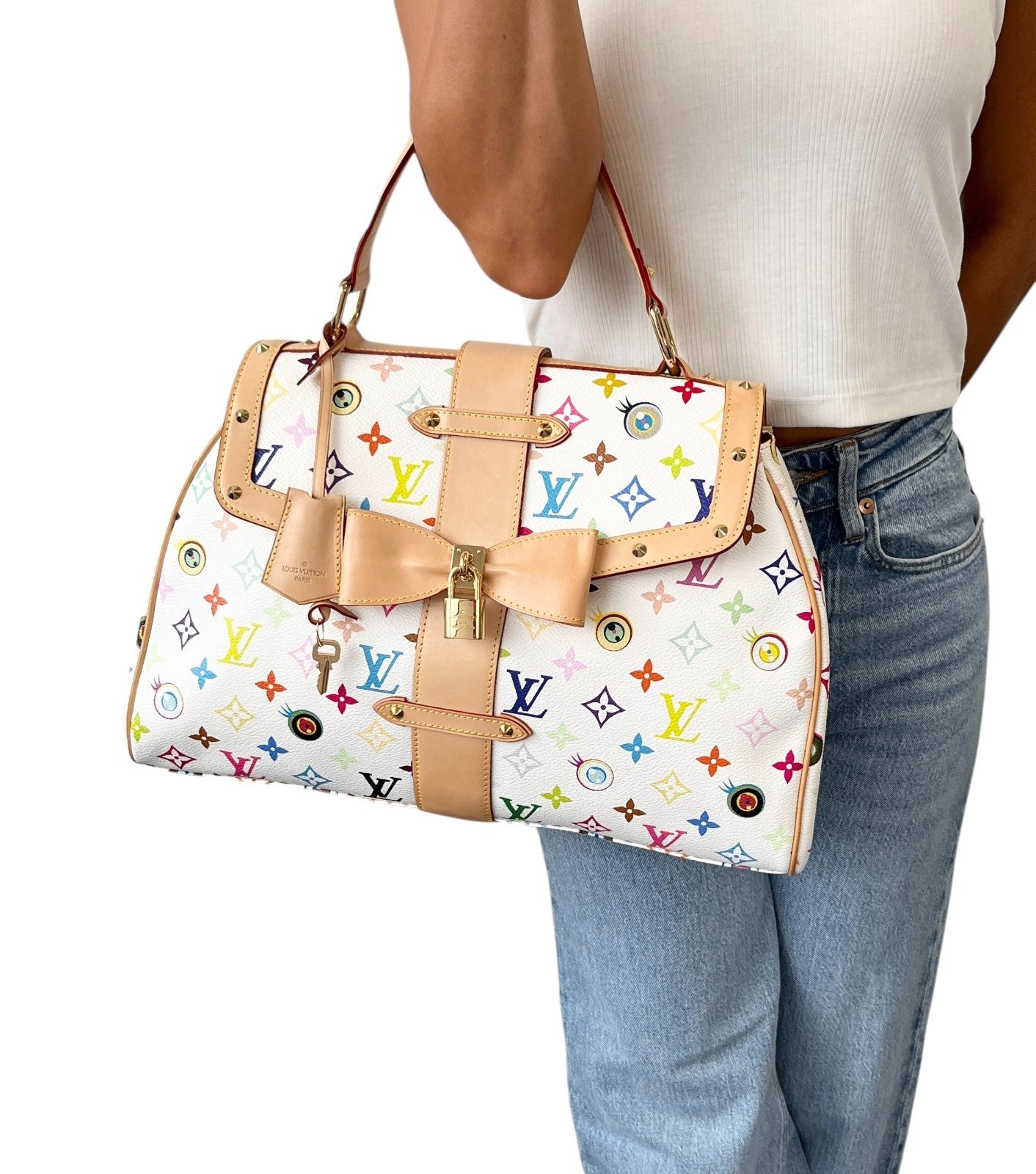 LOUIS VUITTON Vintage Eye Love Monogram Multicolor Key Tote Bag Beige 106912