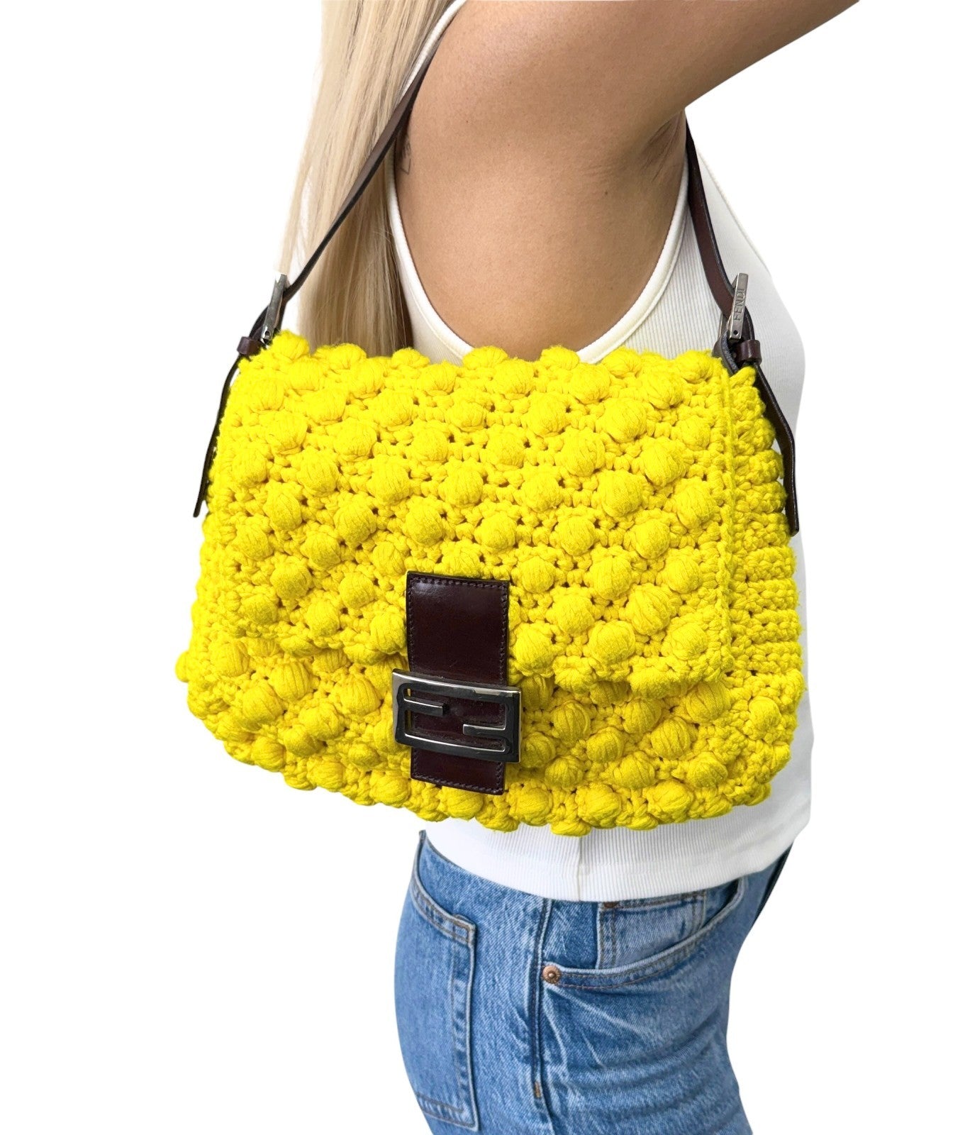 FENDI Vintage Logo Mamma Baguette Knit Shoulder Bag Yellow Brown 901876