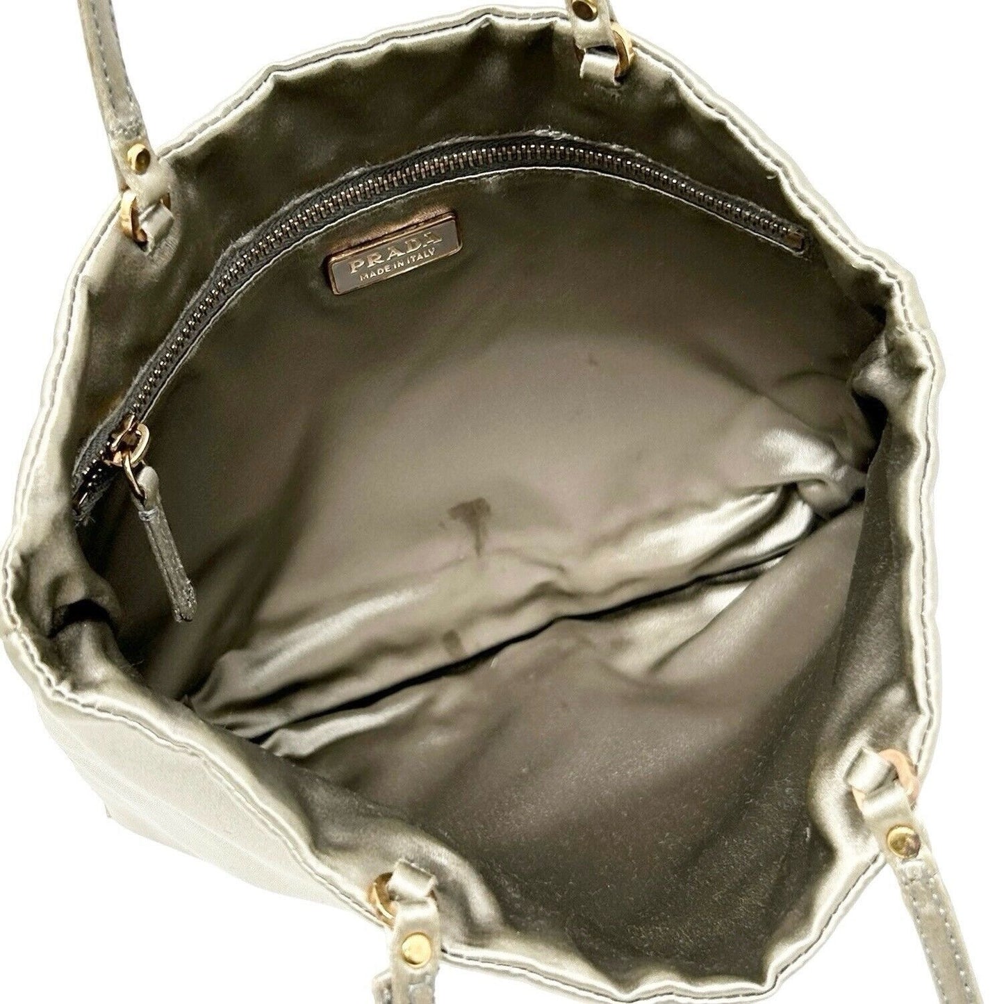 PRADA Vintage Logo Mini Bag Pouch Pochette Silver Gold Satin Rank AB