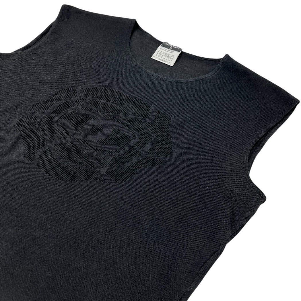 CHANEL Vintage 01P CC Camellia Logo Knit Sleeveless Top #38 Black Cotton Flower