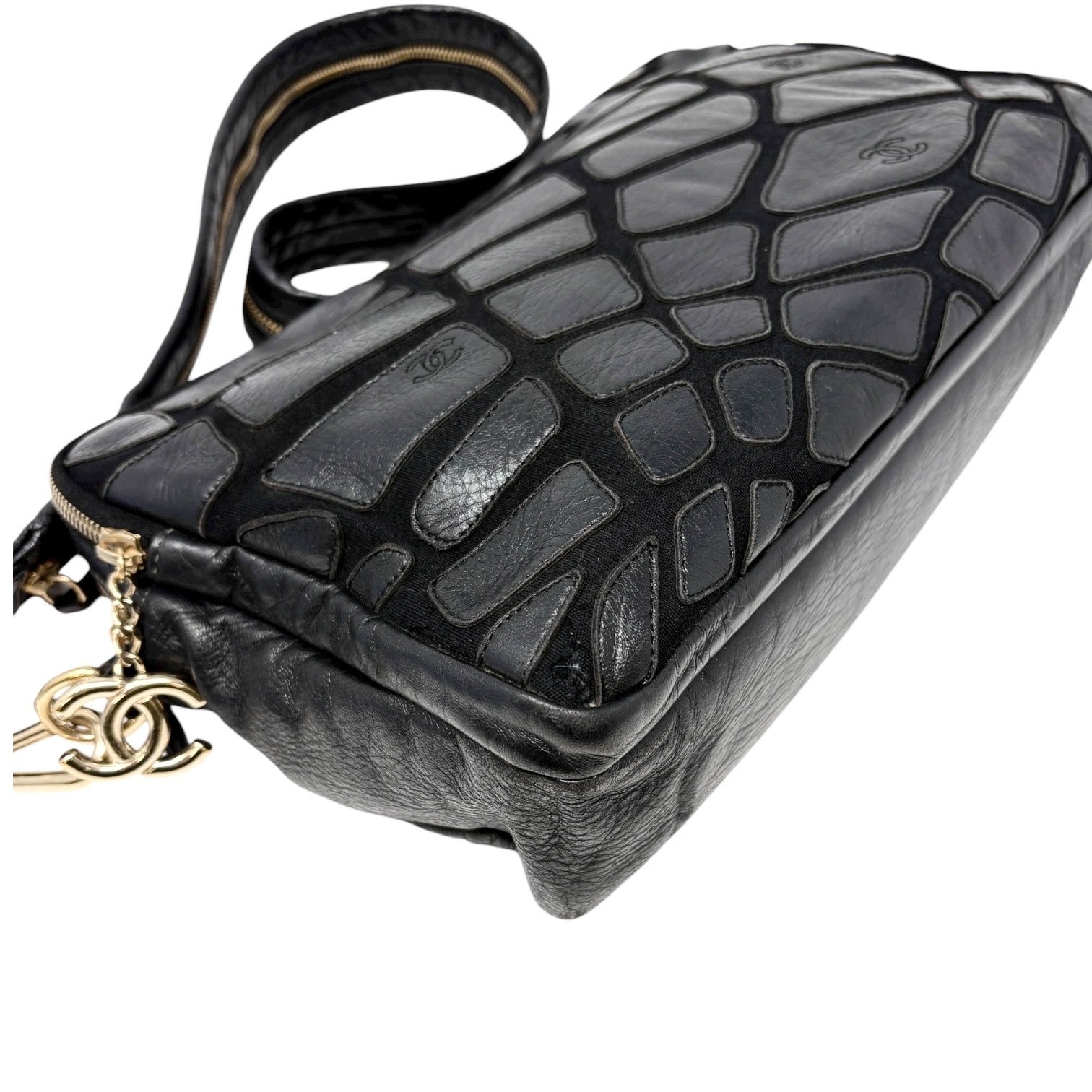 CHANEL Vintage CC Logo Crossbody Bag Lambskin Jersey Scales Leather Black Gold