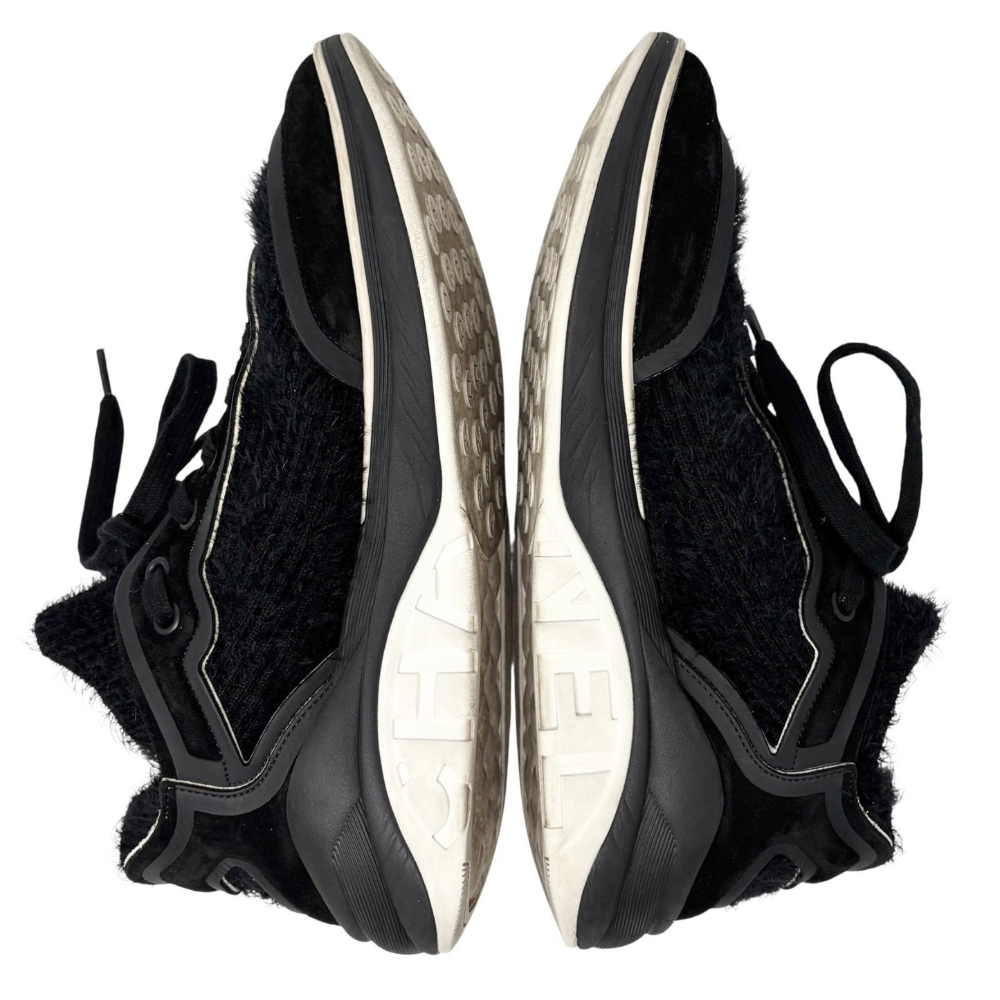 CHANEL Vintage G35202 CC Logo Socks Sneakers #37 Shoes Black White Suede