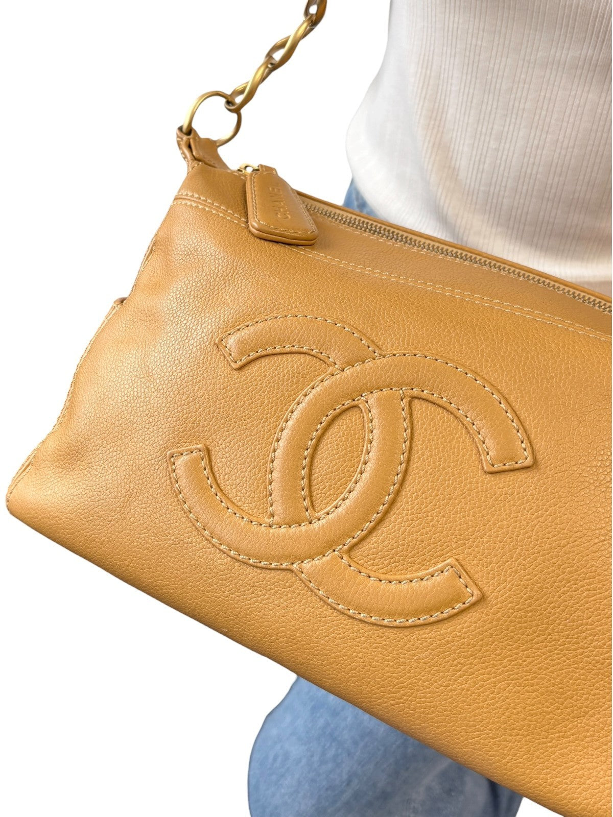CHANEL Vintage Big CC Logo Leather Shoulder Hobo Bag Beige Gold Stitch Chain