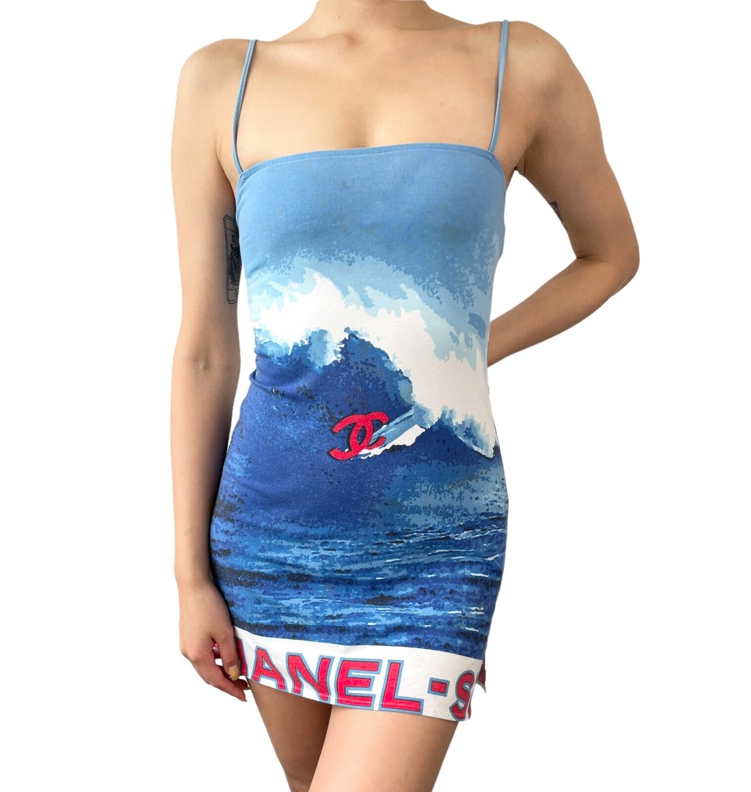 CHANEL Vintage Surf 02S CC Logo Mini Dress #38 Side Slit Blue Cotton RankAB