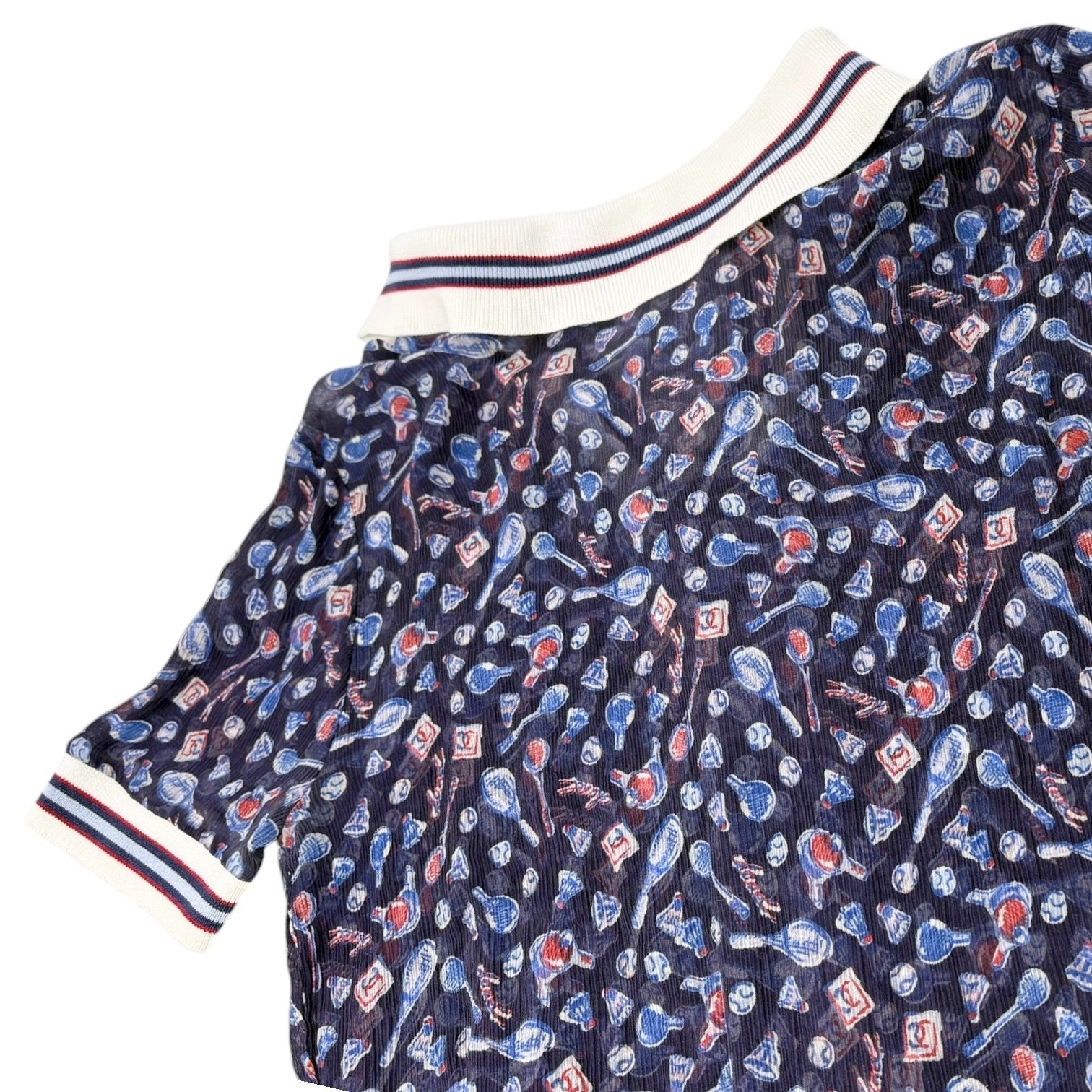 CHANEL Sport Vintage 06P Polo Shirt Top #34 Blue White Silk V-Neck Tennis