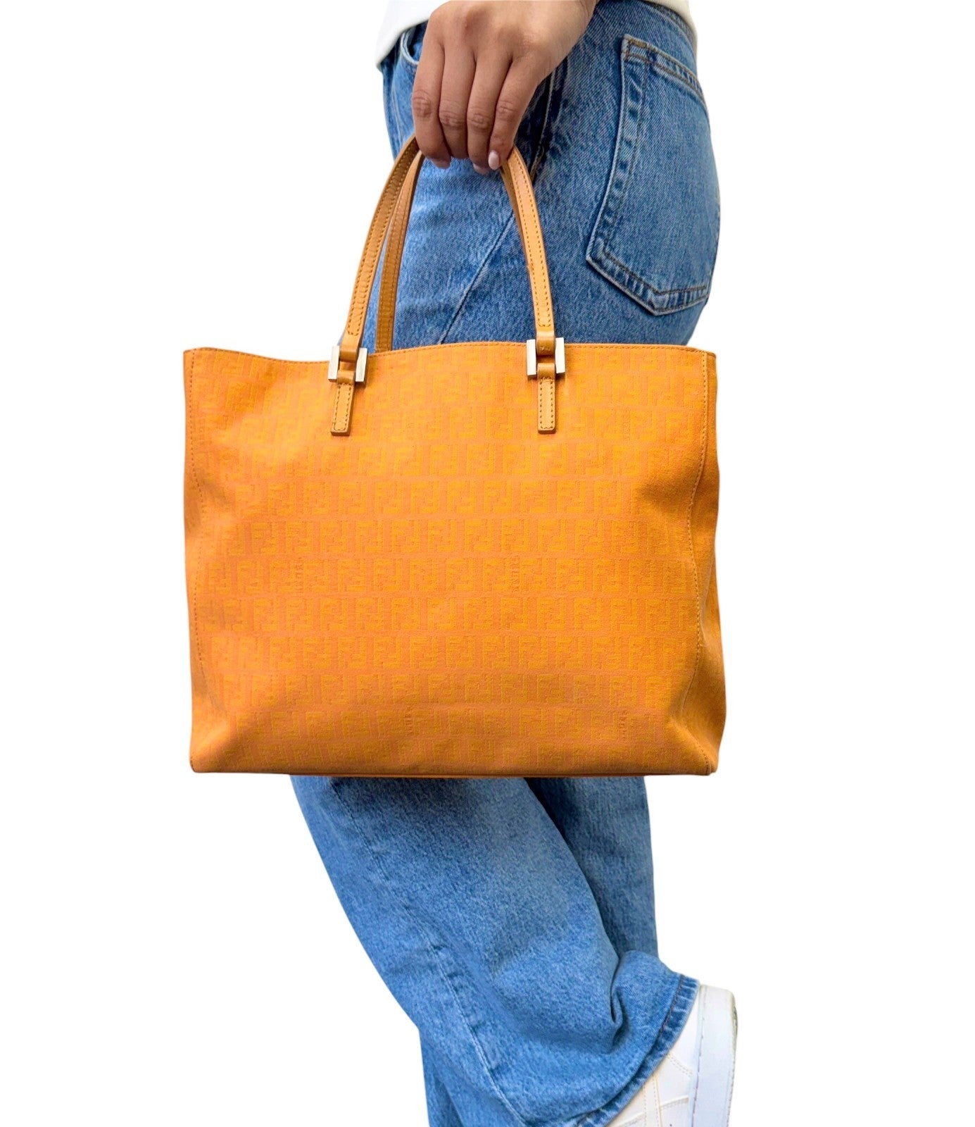 FENDI Vintage FF Logo Zucchino Monogram Tote Hand Bag Orange Silver 901883