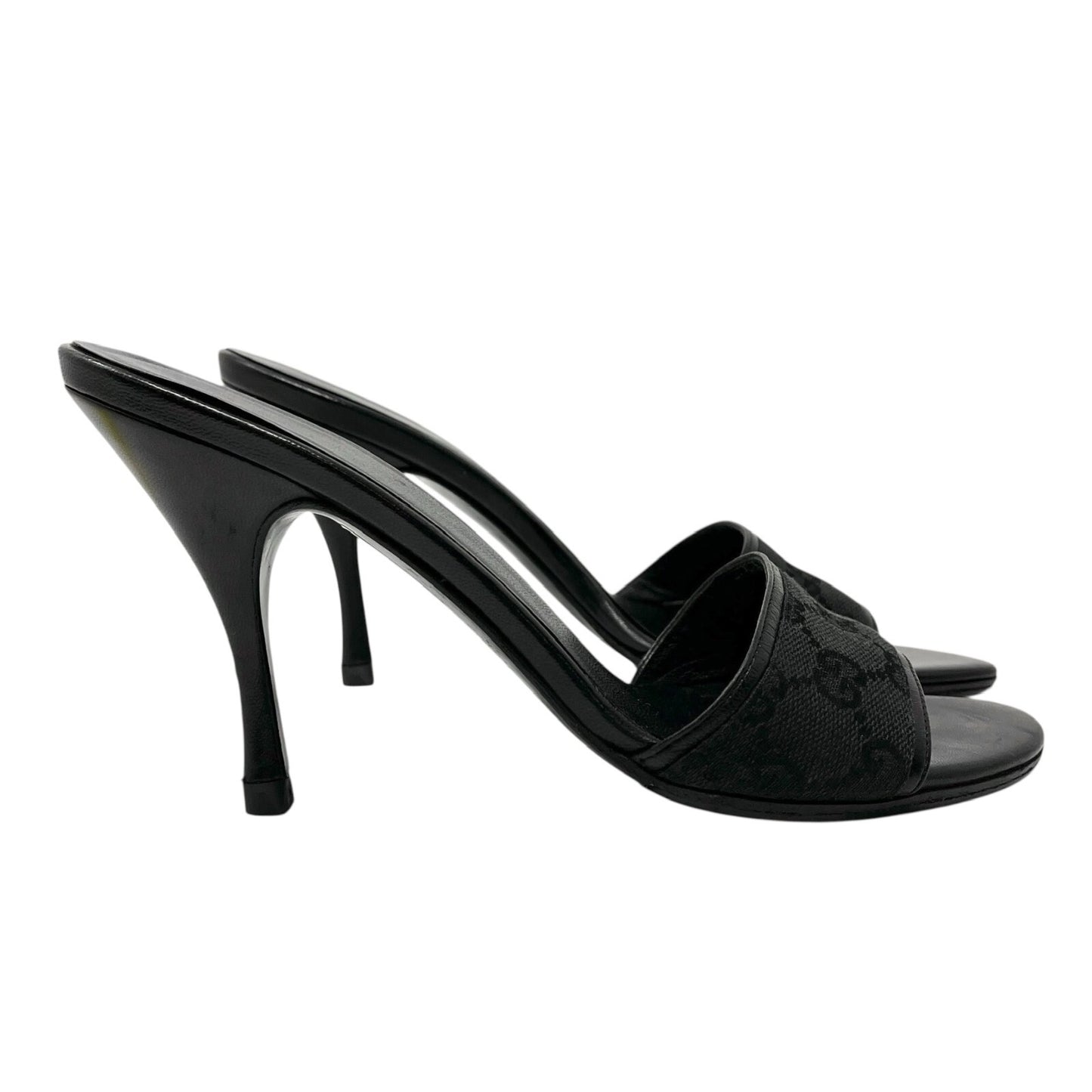 GUCCI Vintage GG Monogram Logo Sandals Heels #36-36.5 Black Canvas Leather