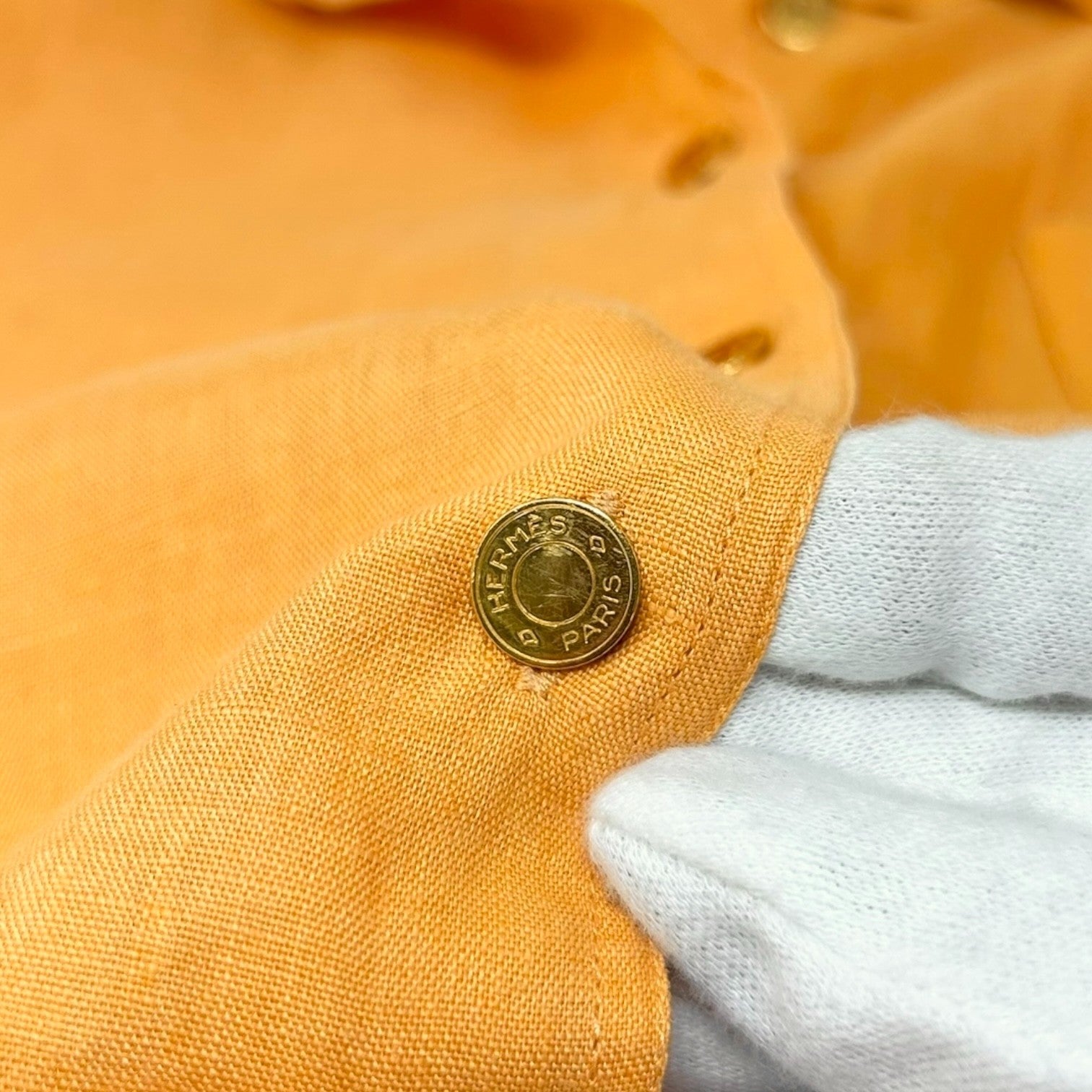 HERMES Vintage Logo Clou de Selle Button Up Shirt Top #36 Orange Gold Linen