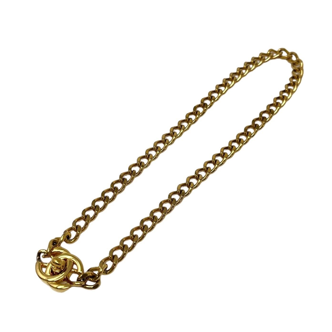 CHANEL Vintage 97P CC Mark Turnlock Chain Necklace Gold Metal Rank AB+