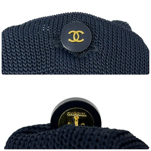 CHANEL Vintage CC Logo Knit Cardigan Long Sleeve Dark Blue Pocket Button