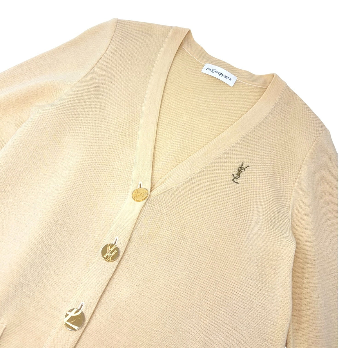 Yves Saint Laurent Vintage YSL Logo Cardigan Sweater Top Cream Gold 902375