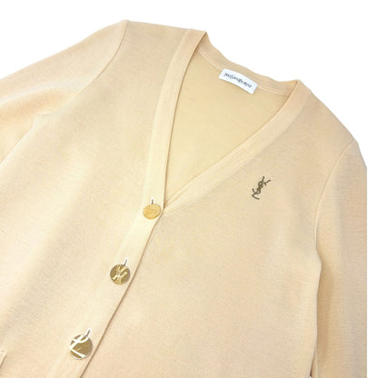 Yves Saint Laurent Vintage YSL Logo Cardigan Sweater Top Cream Gold 902375