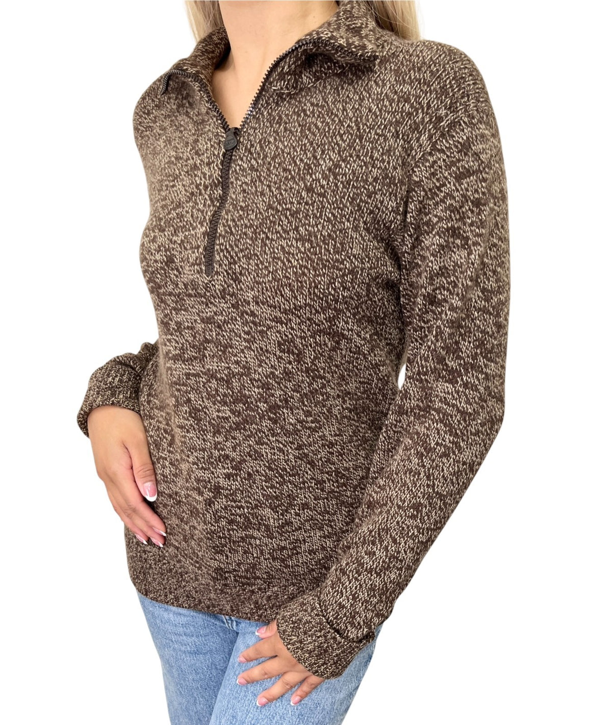 CHANEL Vintage CC Logo Cashmere Knit Zip Sweater Top Brown Beige 902479