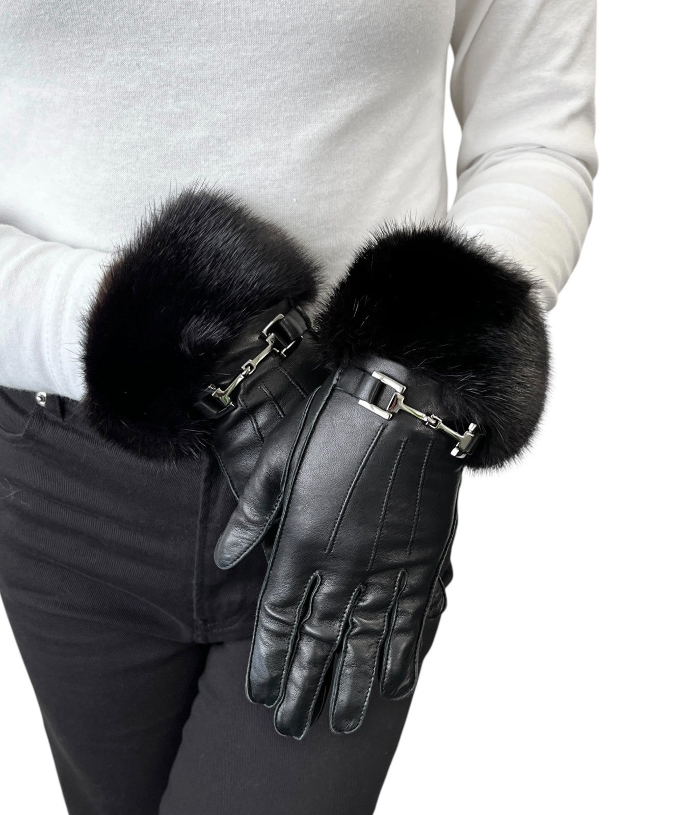 GUCCI Vintage Horsebit Fur Trim Lambskin Leather Gloves #6.5 Black Silver