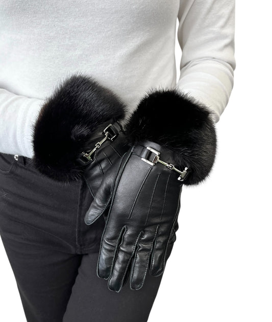 GUCCI Vintage Horsebit Fur Trim Lambskin Leather Gloves #6.5 Black Silver