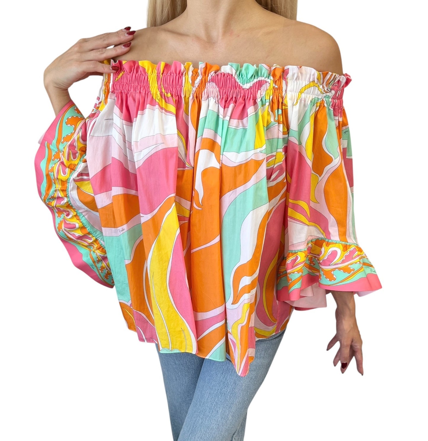 EMILIO PUCCI Vintage Multicolor Printed Scoop Neck Off-Shoulder Top #36 Cotton