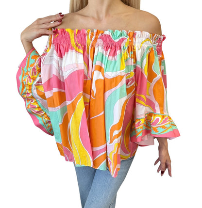 EMILIO PUCCI Vintage Multicolor Printed Scoop Neck Off-Shoulder Top #36 Cotton 902664