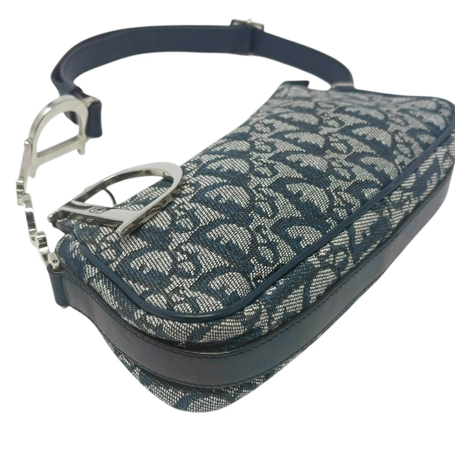 Christian Dior Vintage CD Logo Trotter Monogram Shoulder Bag Dark Blue Silver