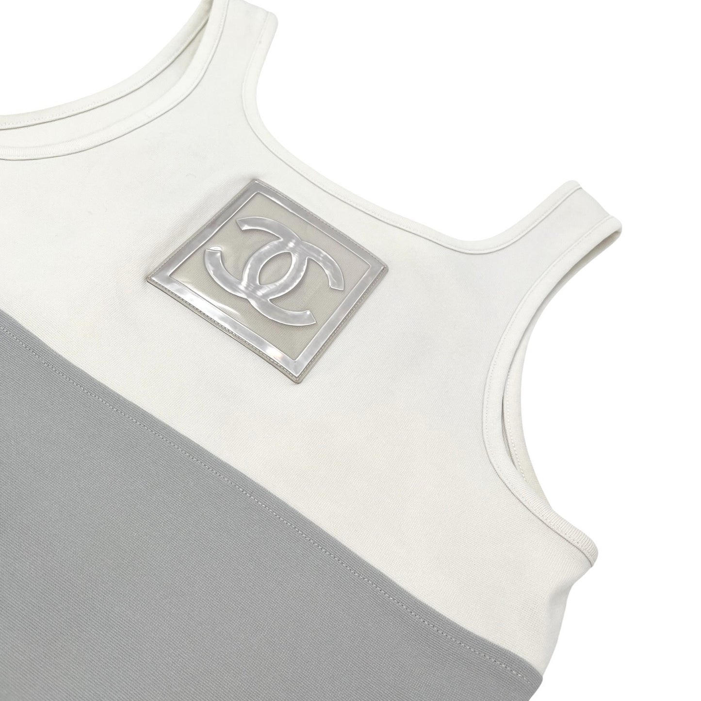 CHANEL Sport Vintage 01P Big CC Logo Tank Top #42 Gray White Nylon 106915