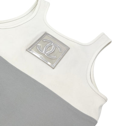 CHANEL Sport Vintage 01P Big CC Logo Tank Top #42 Gray White Nylon 106915