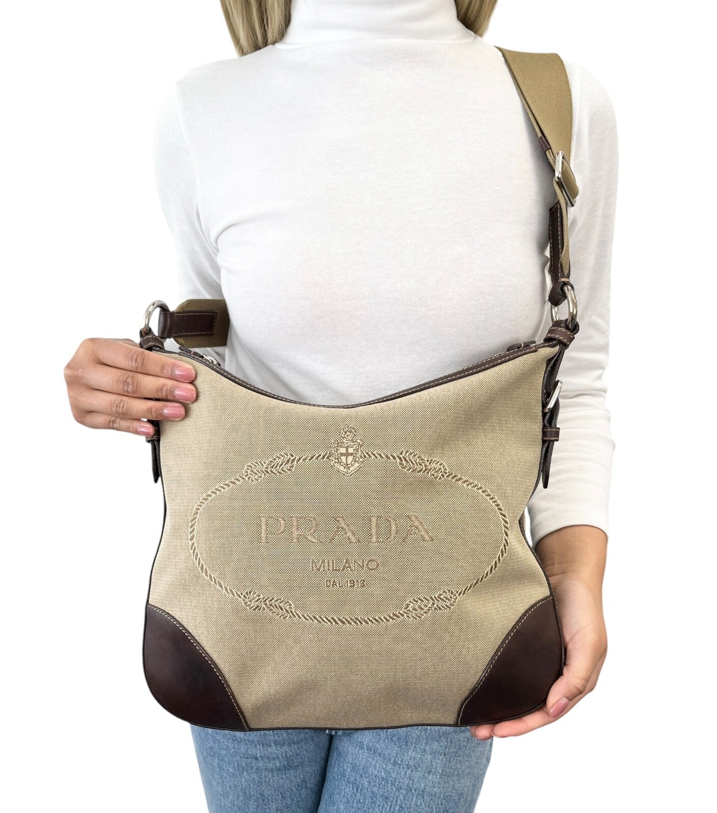 PRADA Vintage Logo Crossbody Shoulder Bag Zip Beige Brown Silver Canvas Leather