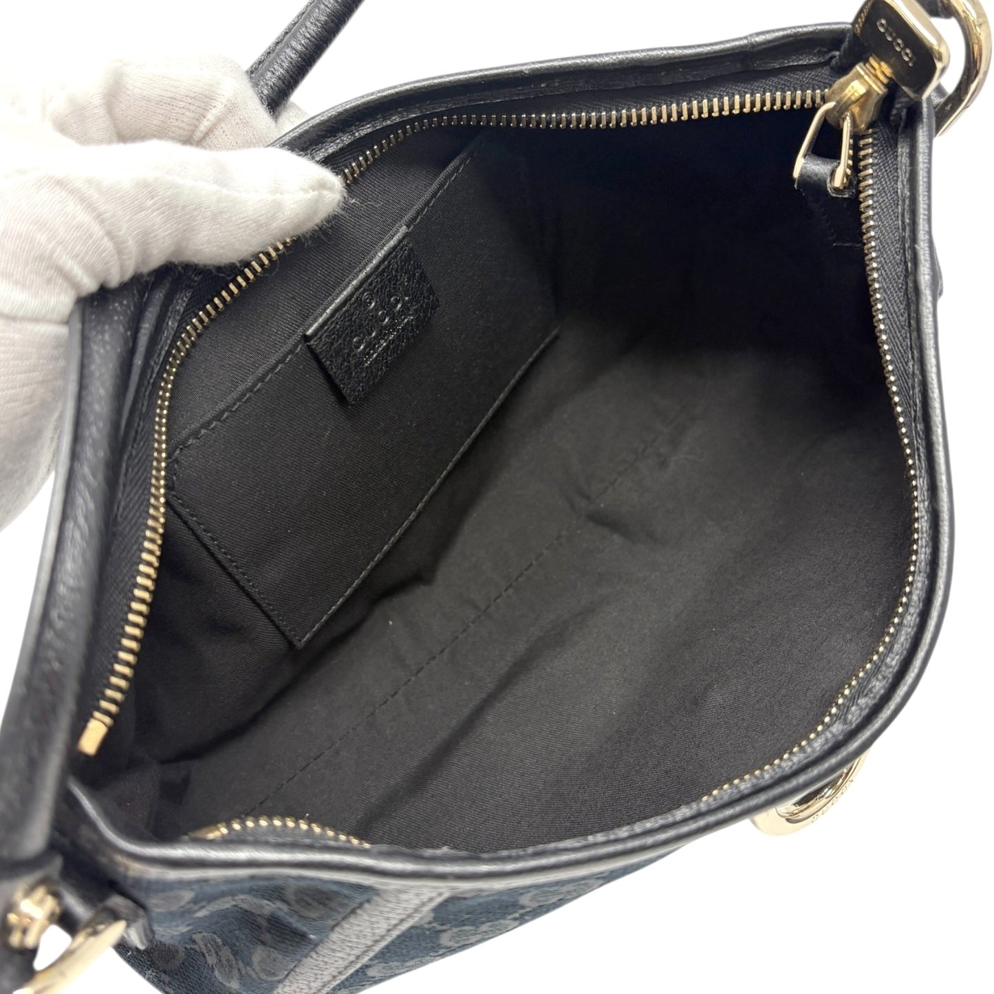 GUCCI Vintage GG Monogram Abbey Canvas Shoulder Bag Dark Blue Black Gold