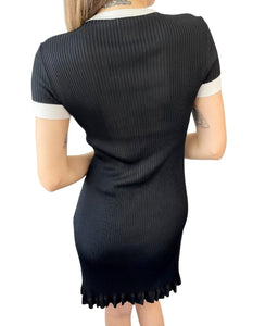 CHANEL Vintage 97P CC Logo Ribbed Knit Dress One-piece #42 Black White Rayon