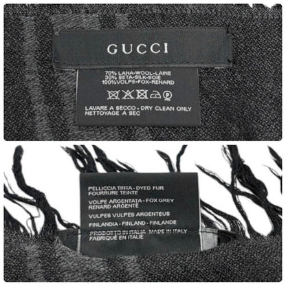 GUCCI Vintage GG Logo Monogram Fox Fur Shawl Scarf Wrap Gray Black Wool 902495