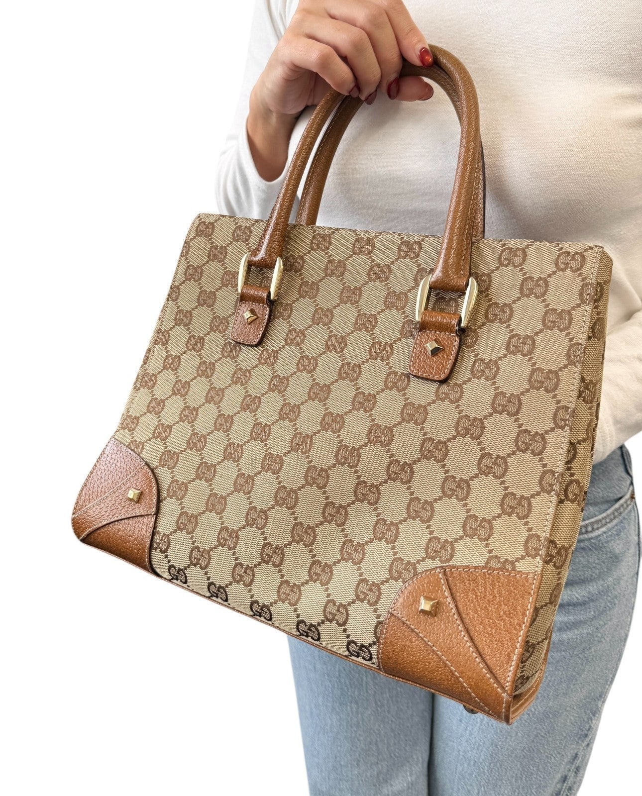GUCCI Vintage GG Canvas Monogram Tote Bag Nailhead Camel Brown Studs Leather