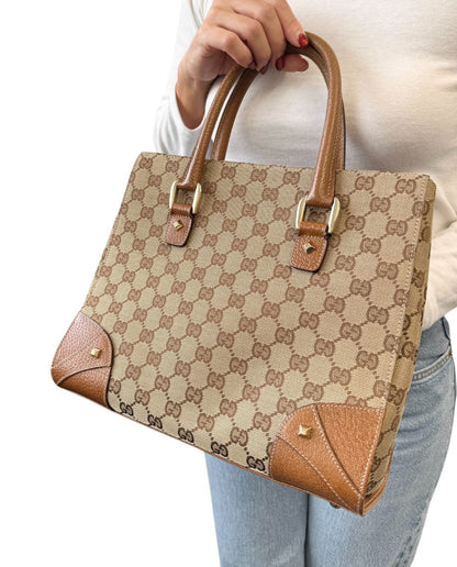 GUCCI Vintage GG Canvas Monogram Tote Bag Nailhead Camel Brown Studs Leather