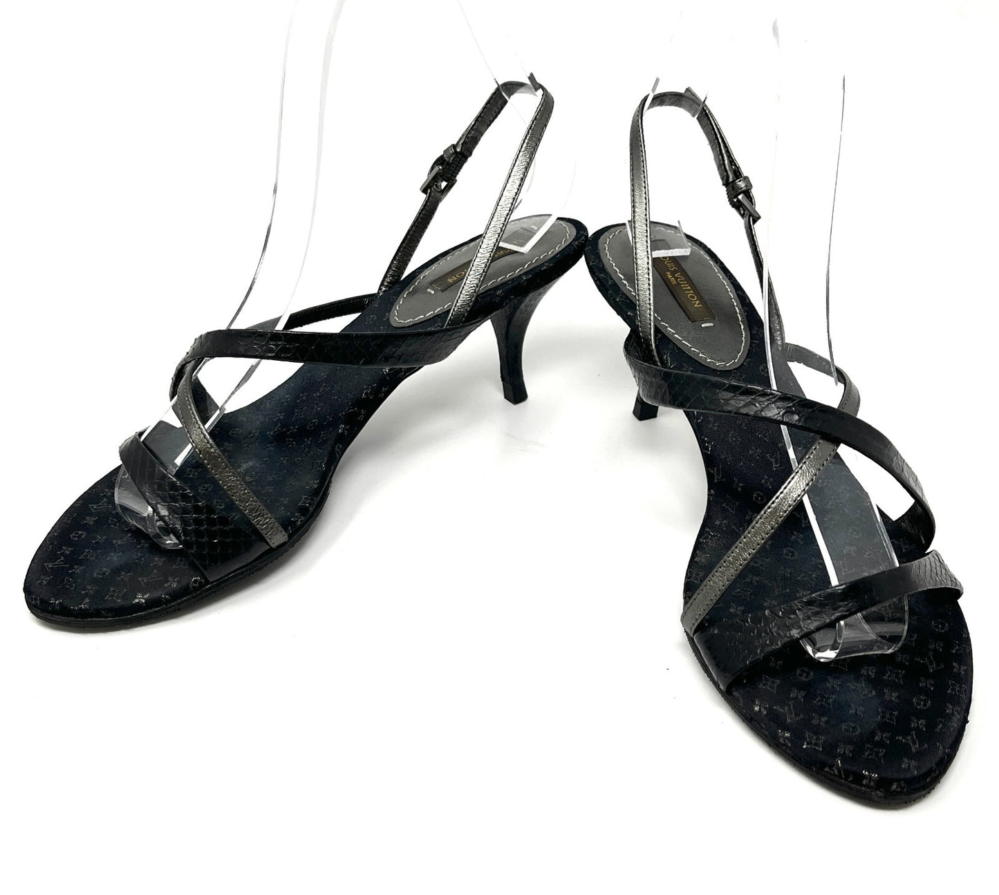 LOUIS VUITTON Monogram Logo Sandals Heels #37 US6.5 Slingback Black Satin RankAB