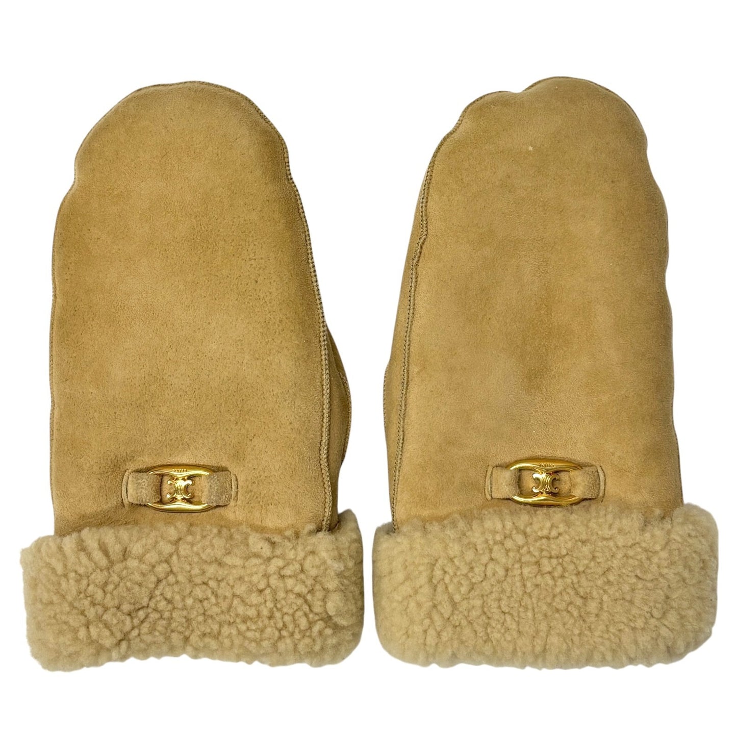 CELINE Vintage Macadam Logo Mouton Gloves Mittens Beige Gold Leather