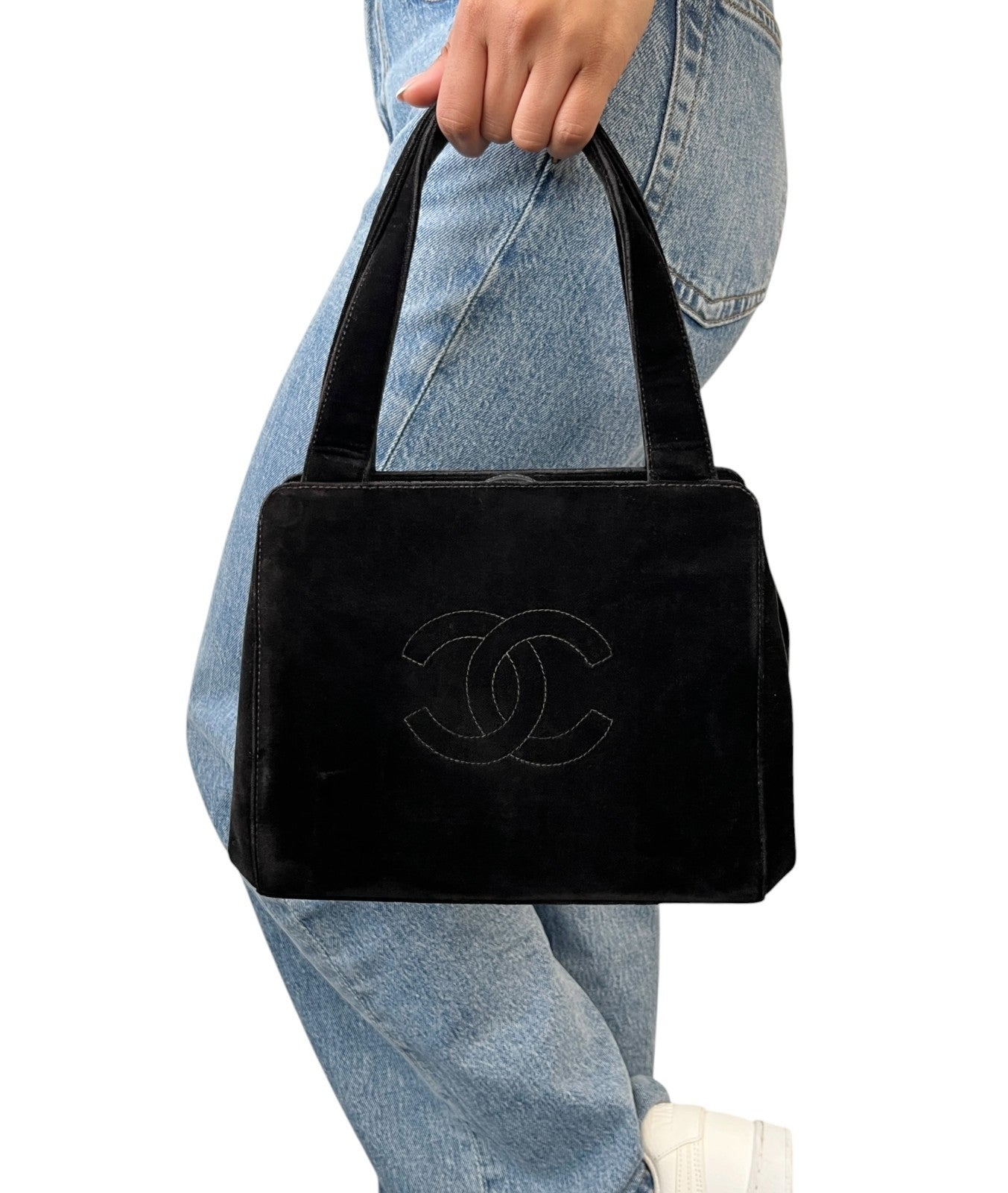 CHANEL Vintage CC Logo Stitch Trapezoid Tote Bag Handbag Black Velour 902222