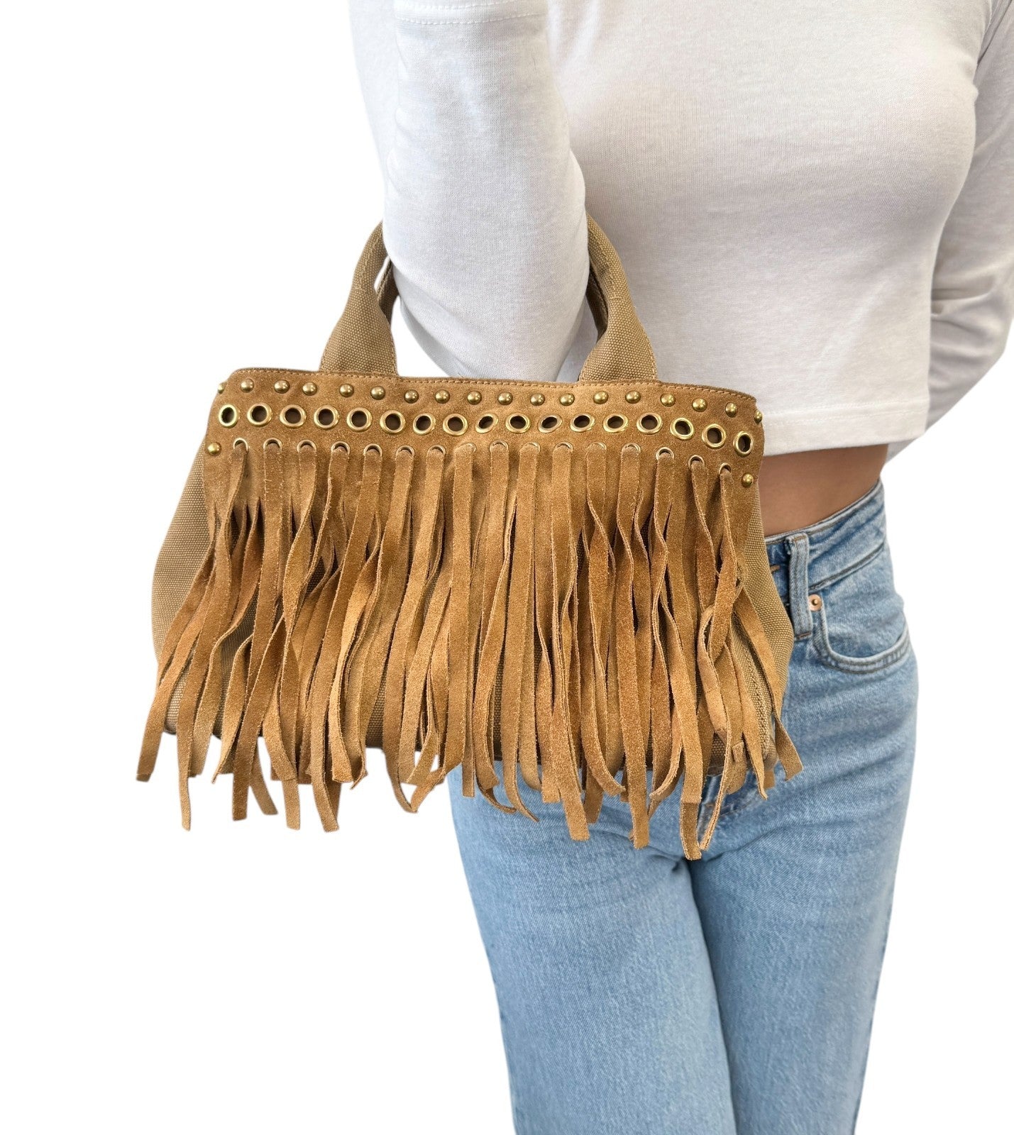 PRADA Vintage Logo Fringe Tote Bag Suede Canvas Brown Camel Gold 901835